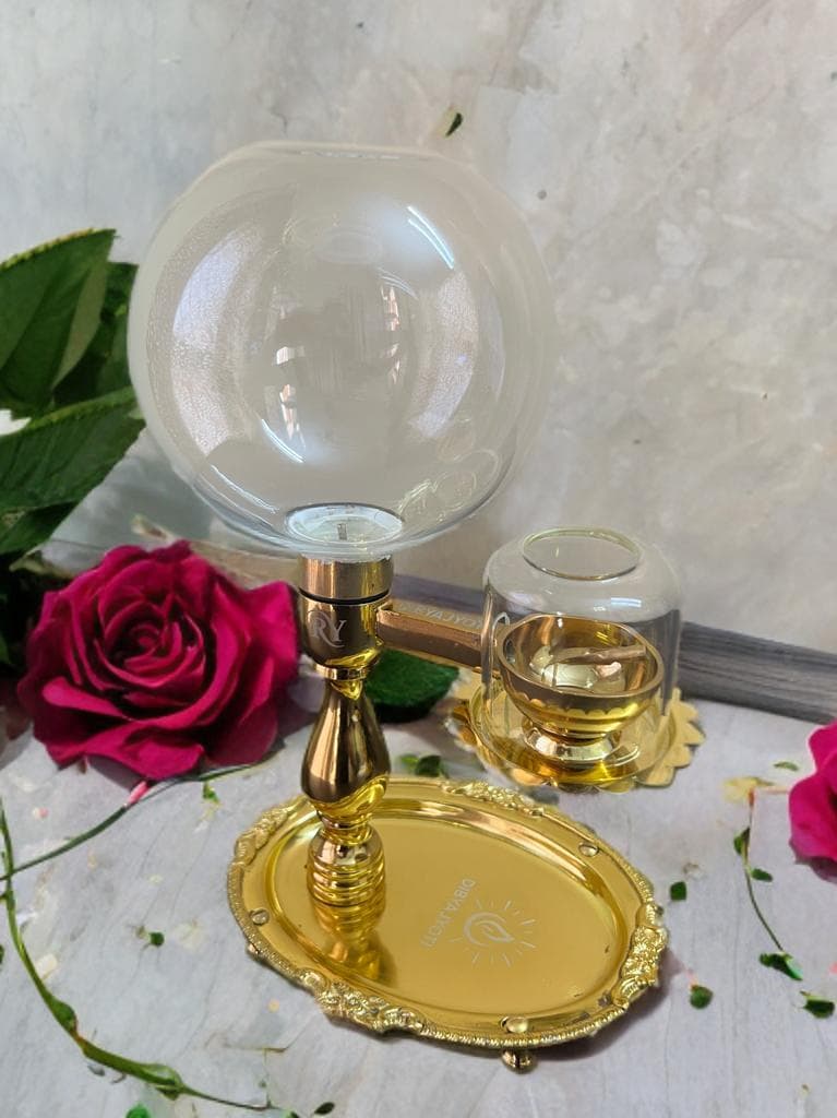 DibyaJyoti 1 litre brass oil lamp with borosilicate glass cover